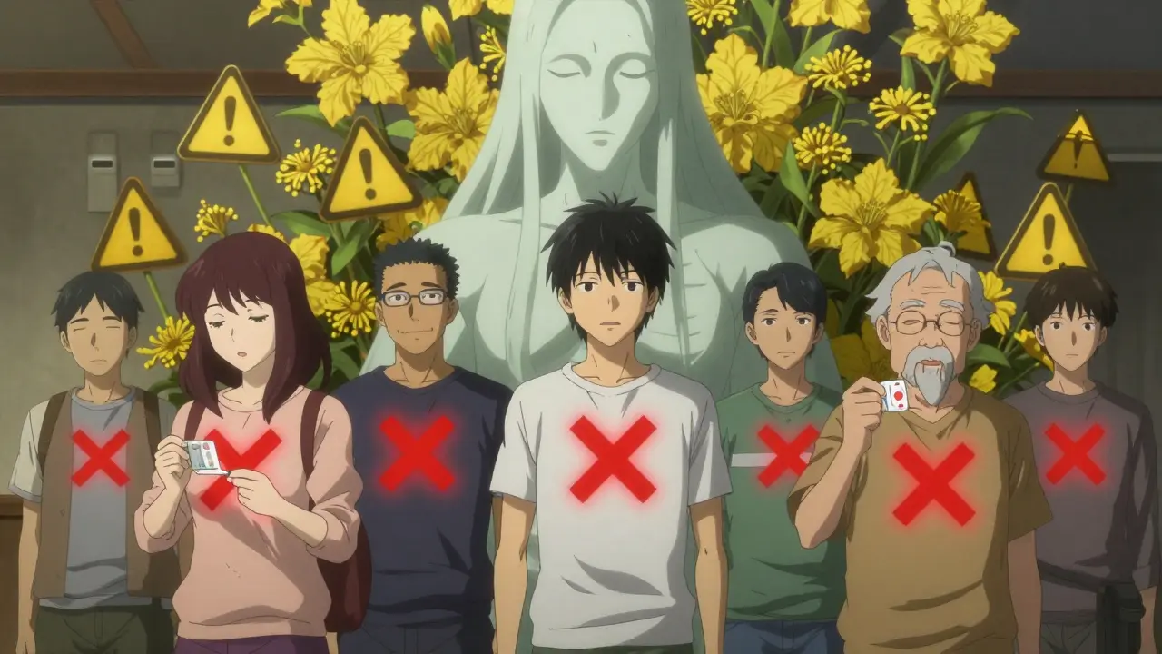 Moni ihminen on ympäröity St. John’s Wortin valtavalla hahmolla, joka merkitsee vaaroja lääkkeiden kanssa.