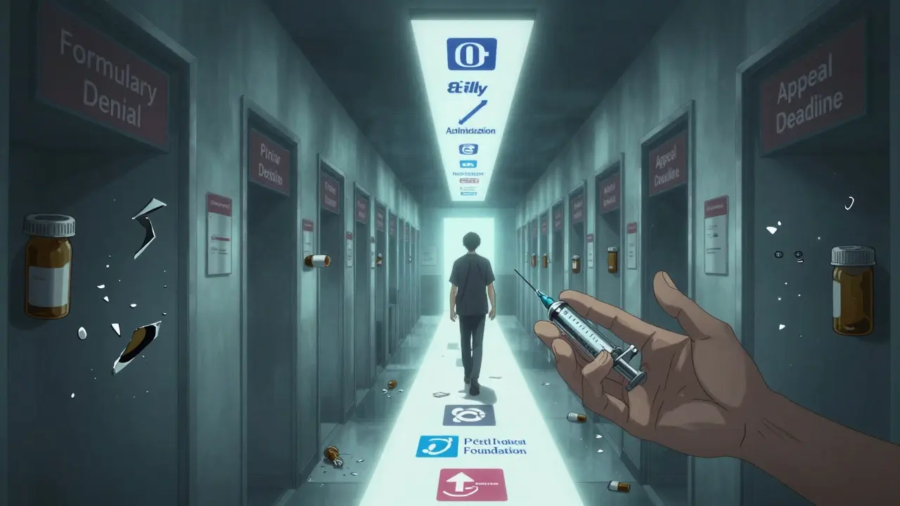 Potilas kulkee labyrintissa, jossa näkyy valitusprosessin esteet, kun avain syrjässä loistaa.