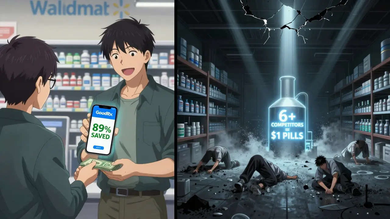 Potilas maksaa käteisellä Walmartissa, taustalla yli 95 %:n säästö merkitty tuhoutuviin hintalappuihin.