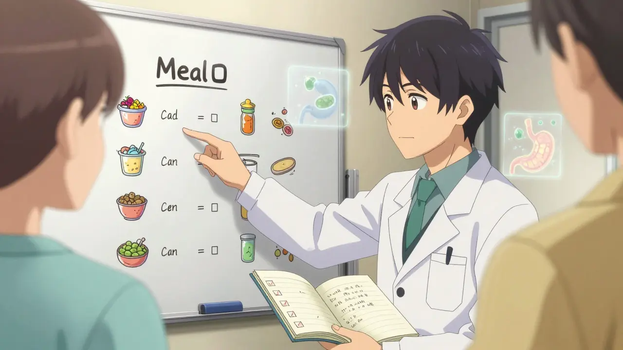 Ruokavaliotekniikan asiantuntija opastaa potilasta henkilökohtaisessa ruokavaliosuunnitelmassa.