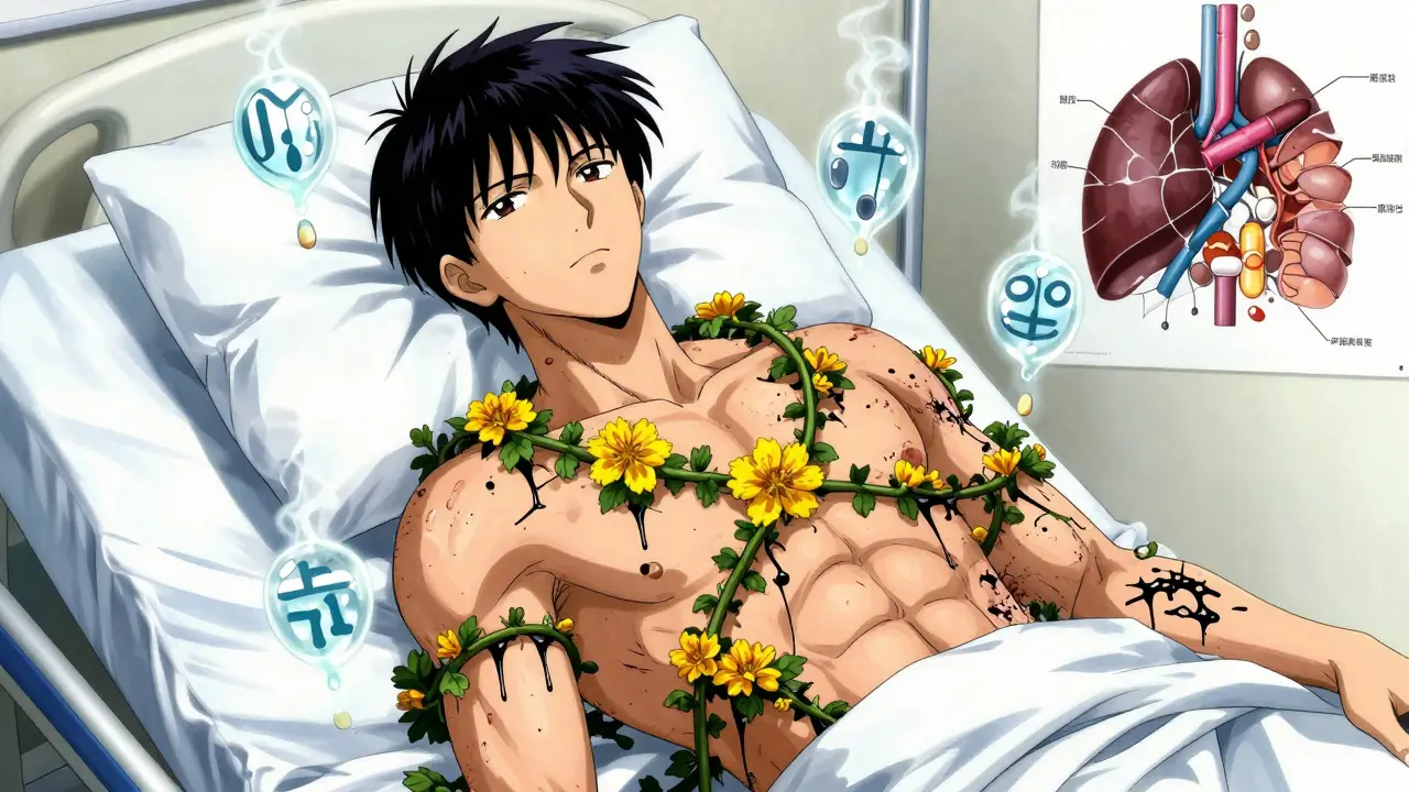 Transplantoidun potilaan rinnassa kasvaa St. John’s Wortin köynnös, joka tuhoaa immuunipillereitä.