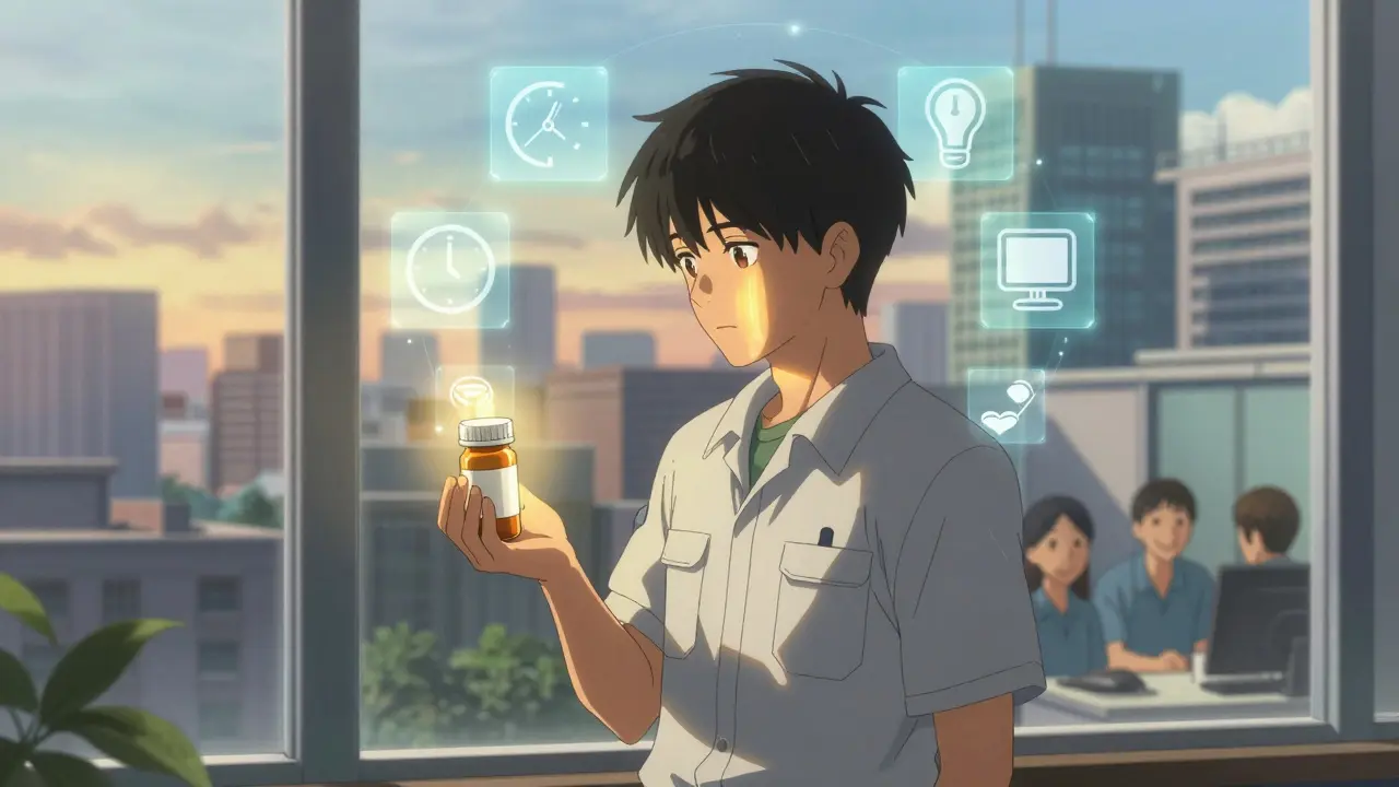 Työntekijä pitää lääkettä käsiinsä, ympäröity joustavien työmuotojen valaistuilla ikoneilla.