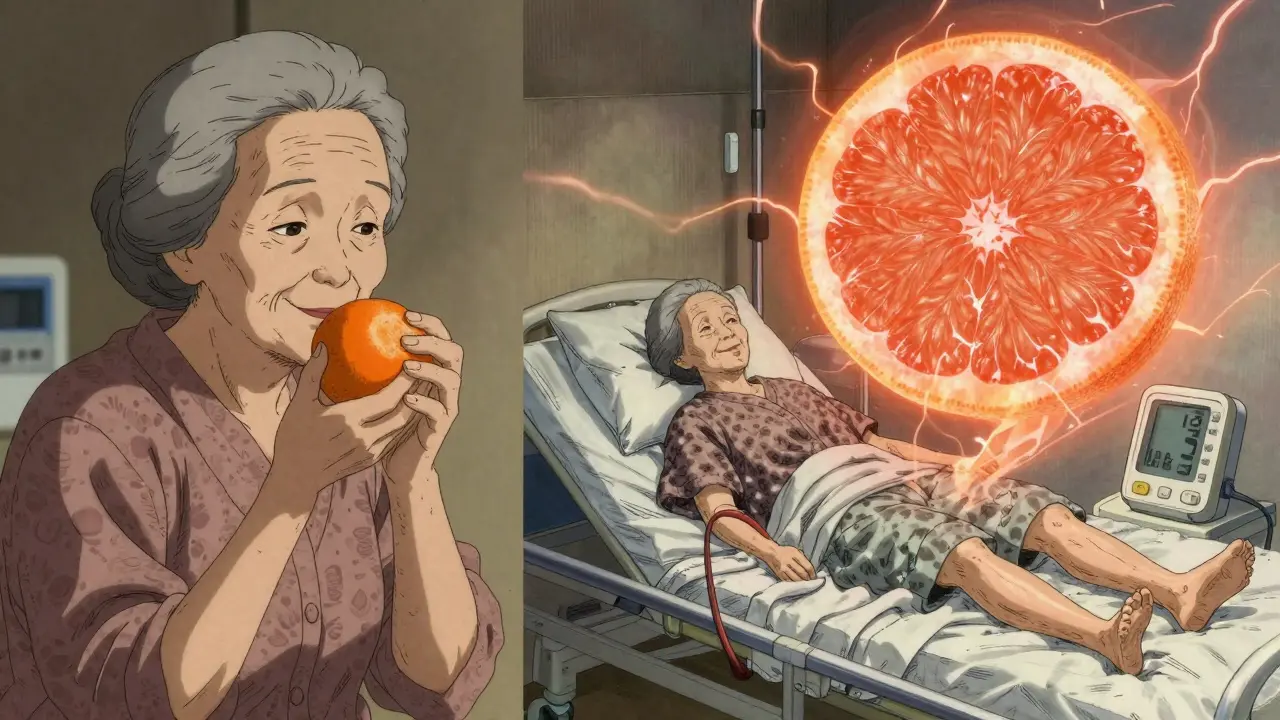 Vanha nainen syö turvallisen apelsiinin toisella puolella, mutta toisella puolella hänellä on verenpaineen laskun oireet graapufruutin vaikutuksesta.