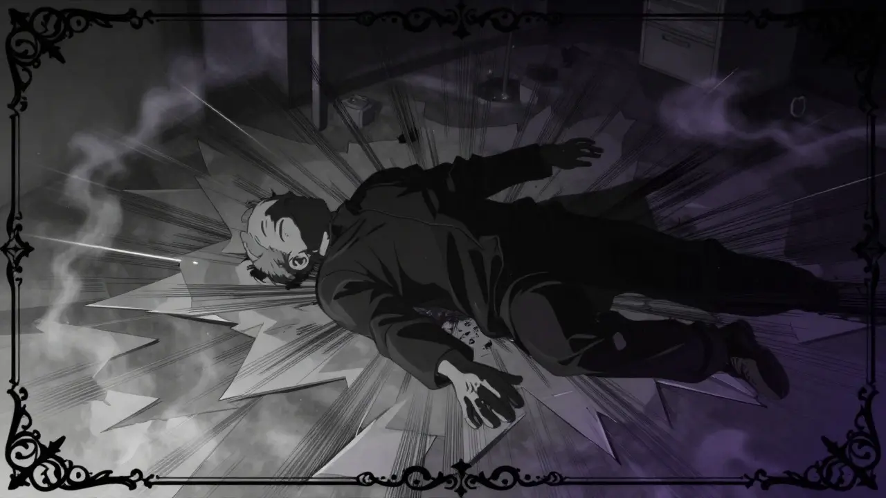 Vanhus kaatumassa verenpaineen romahdusta kuvaavassa tilanteessa