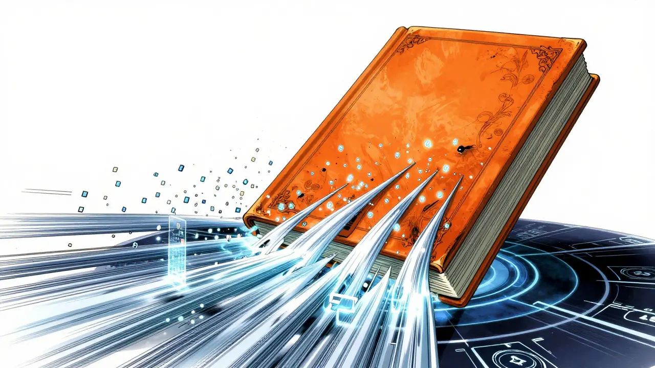 Fyysinen oranssi kirja muuttuu digitaalisiksi datavirroiksi modernissa käyttöliittymässä.