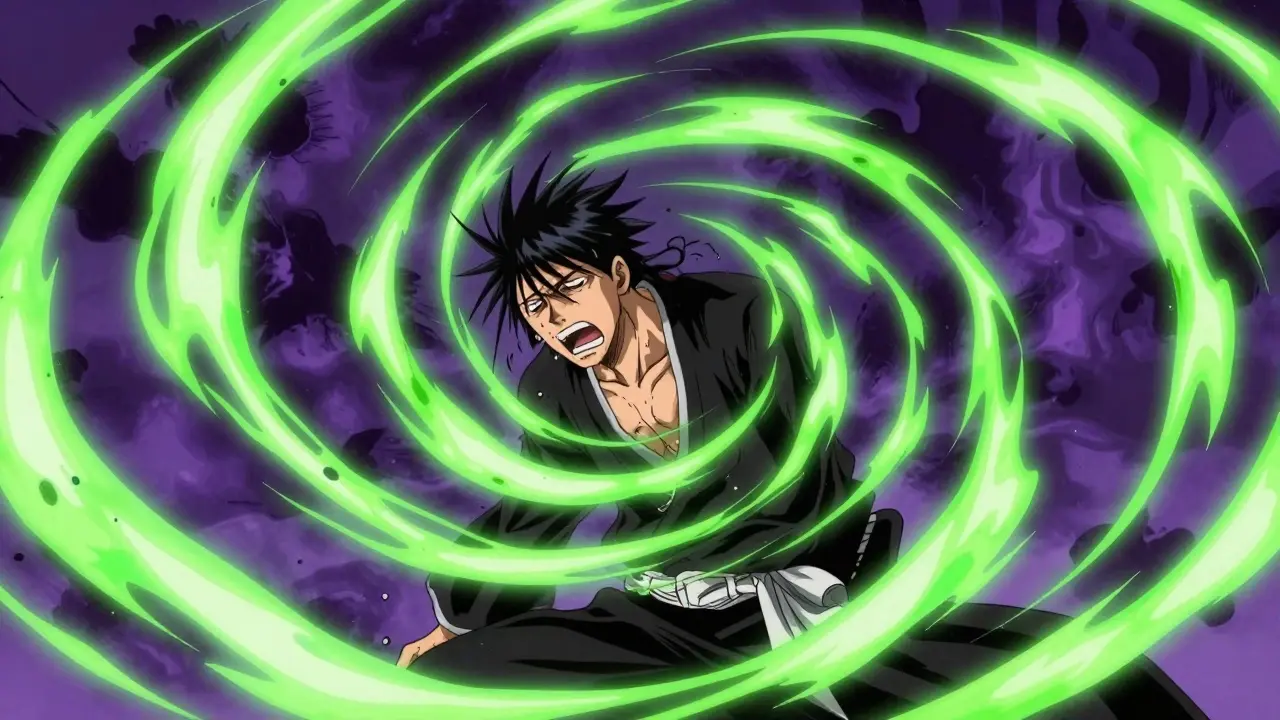 Hahmo ympäröitynä purppuraan ja vihreään energiaan kuvaamassa maitohappoasidoosia.