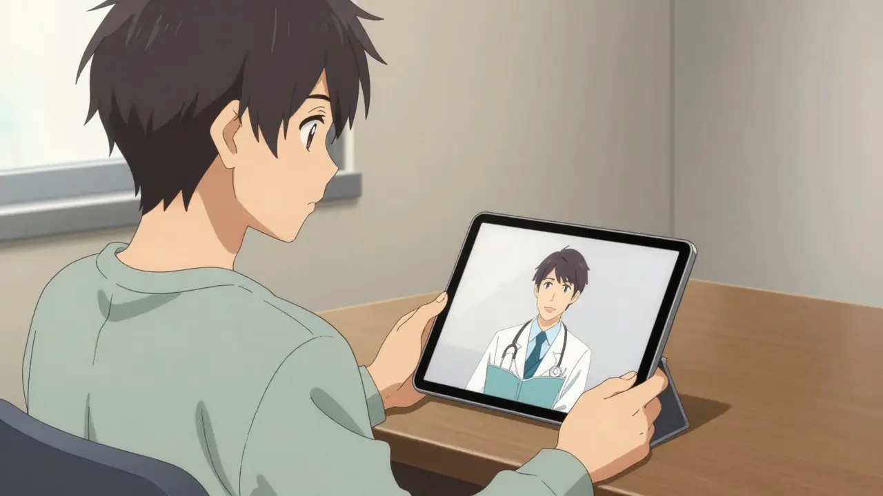 Henkilö käyttää telelääkäripalvelua tabletilla.