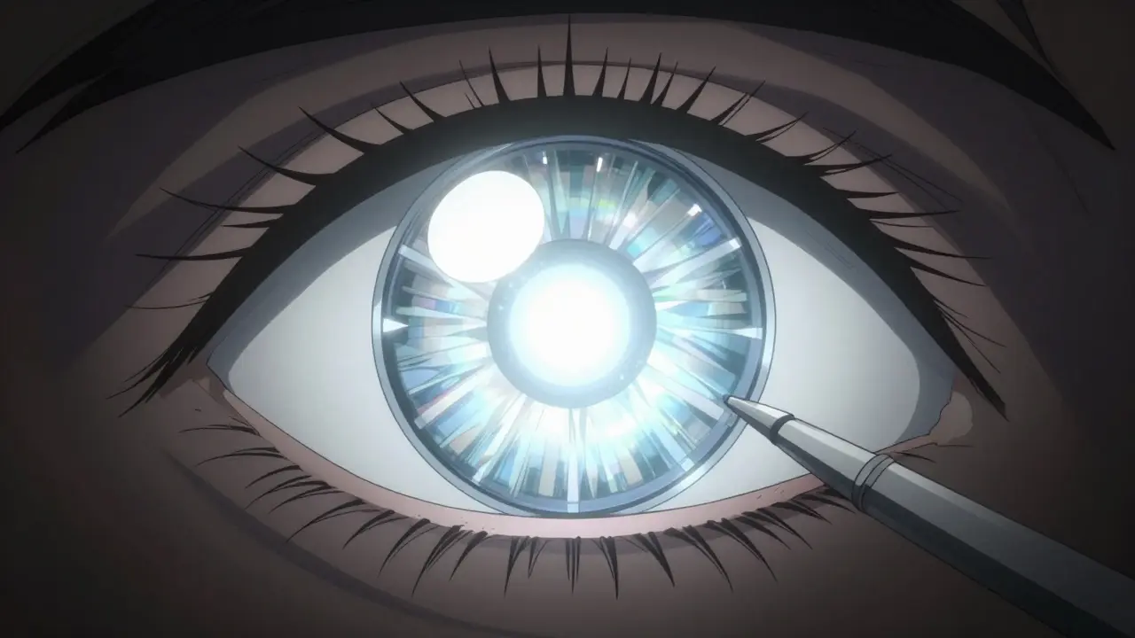 Hienostunut keinotekoinen linssi asettumassa silmän sisälle.