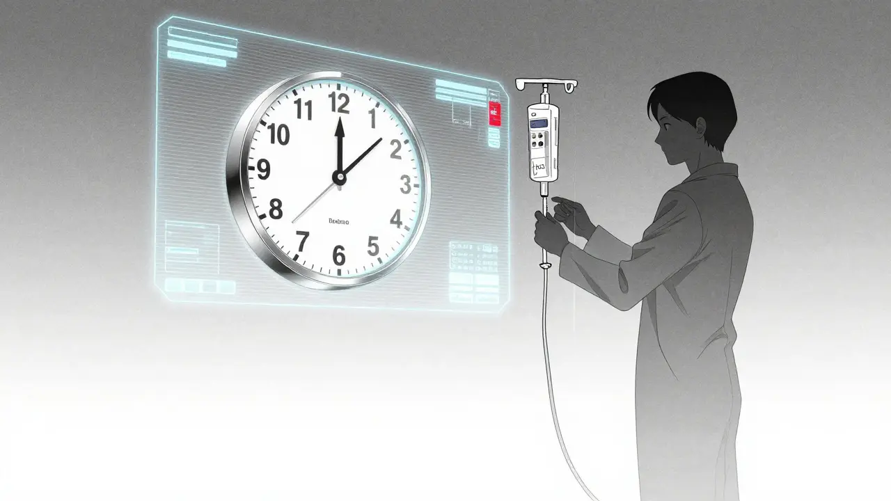 Holografinen kellon ajanlaskija ja lääkkeen valmistelu sairaalassa anime-tyylillä.