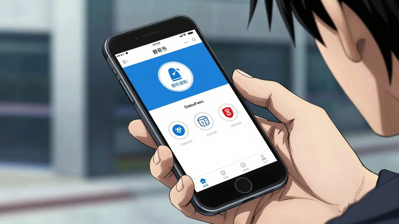 Käsi pitelee älypuhelinta, jossa on sertifioidun verkkoapteekin sivusto.