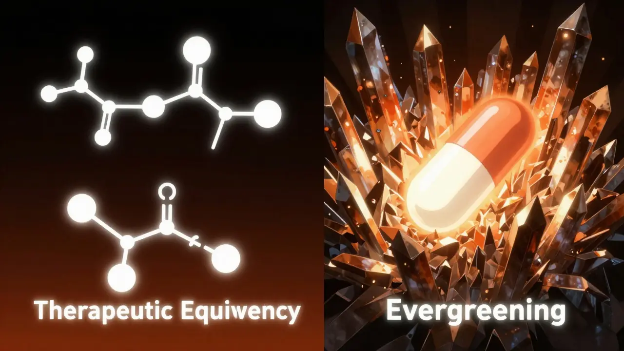 Kemialliset rakenteet ja symbolinen patenttimuuri, joka suojaa lääkeainetta.