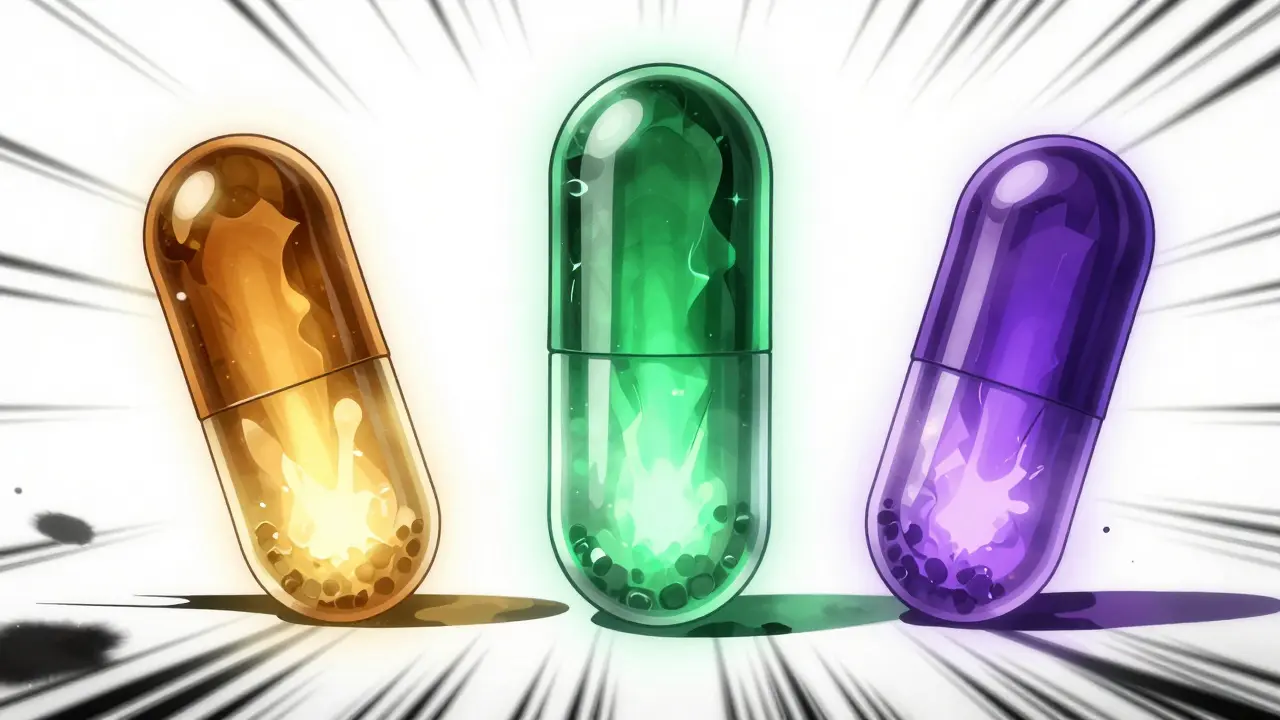Kolme eriväristä lääkekapselia symboloimassa eri lääkeryhmiä manga-tyylillä.