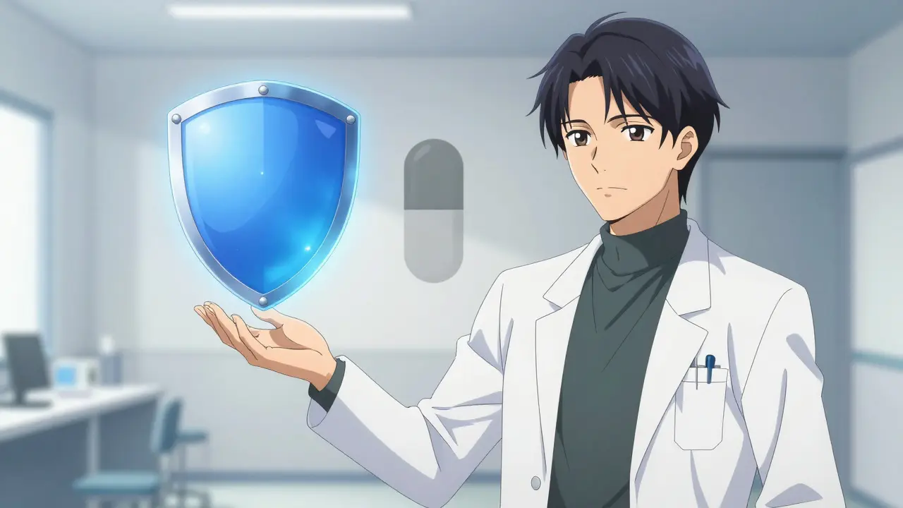 Lääkäri esittelemässä turvallisia lääkevaihtoehtoja minimalistisessa anime-tyylissä.