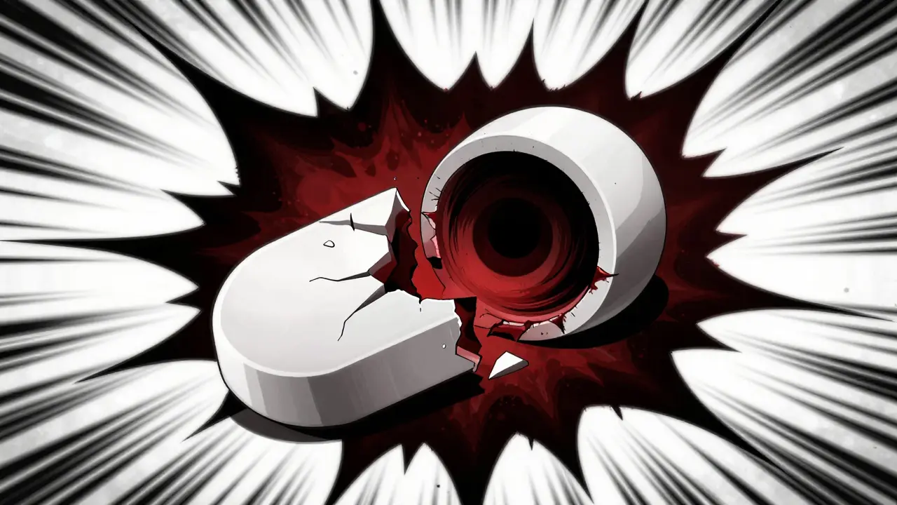 Lähikuva halkeavasta pilleristä, jonka sisältä paljastuu pimeää ja vaarallista sisältöä.