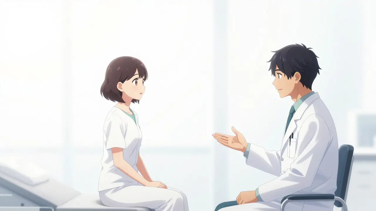 Potilas ja lääkäri keskustelemassa hoidosta valoisassa ja minimalistisessa ympäristössä.