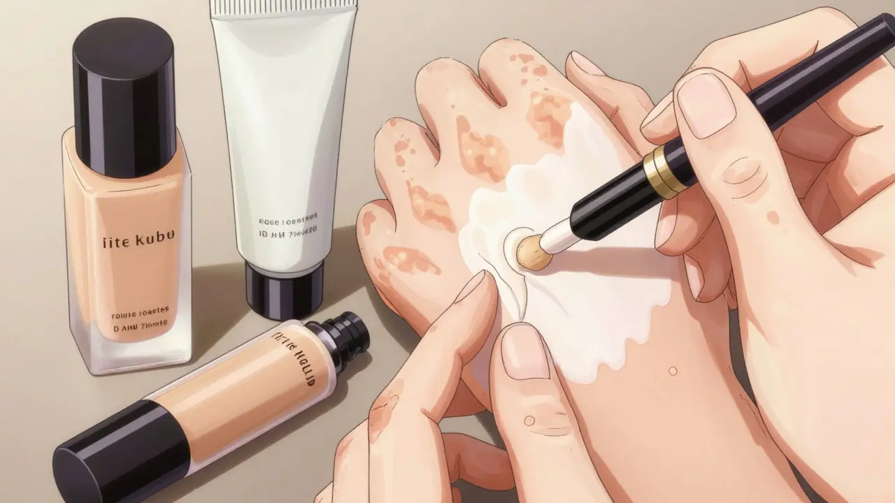 Käsi levittää peittävää meikkiä vitiligo-iholle, kosmetiikkatuotteet taustalla anime-tyylissä