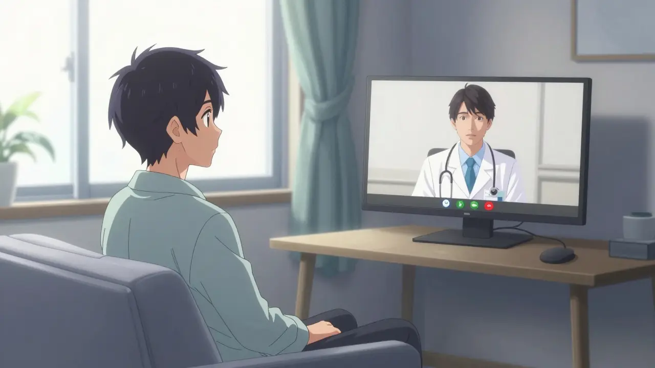 Potilas tekee etälääkärikonsultaatiota sohvalla rauhallisessa kodissa anime-tyylissä.