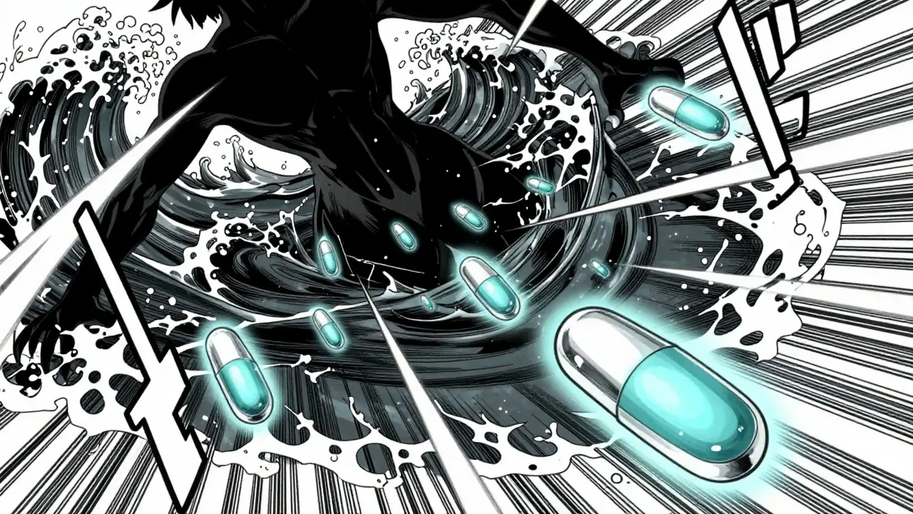 Manga-tausta nesteen kertymisestä ja diureettien vaikutuksesta tummissa sävyissä
