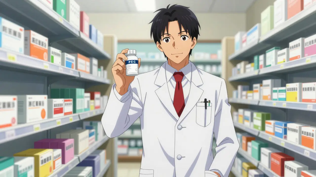 Apteekkihenkilö esittelee laksatiiveja valkoisessa takissa anime-tyyli