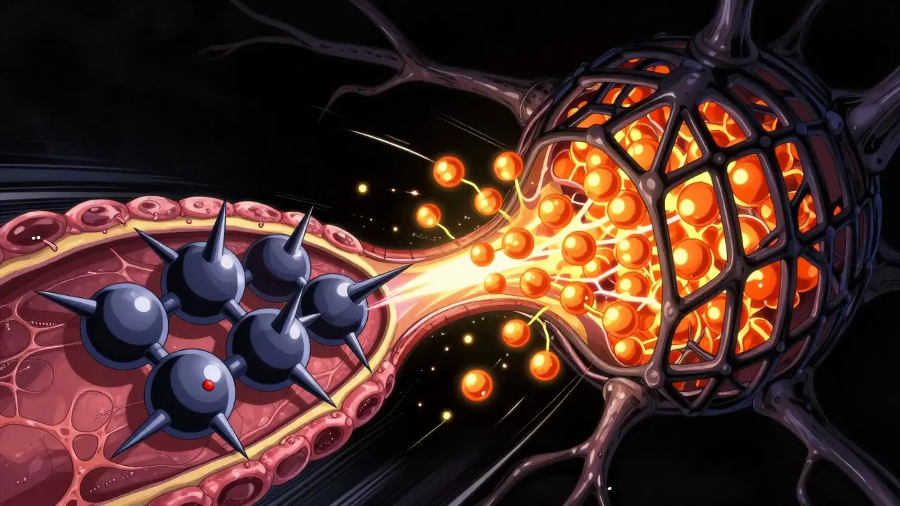 Käsitekuva synapsista, jossa efedriini ja MAO-inhibiittori kohtaavat, anime-tyyli