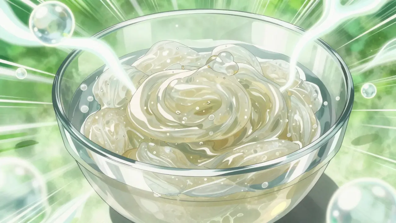 Lasi kuituliemen sekoitettuna veteen, joka turpoaa anime-tyylinen taulu